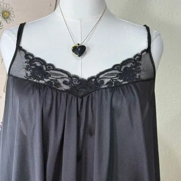 Vintage 80s 90s Black Nylon Lace Slip Dress Sexy Romantic Goth Dark Coquette L - Picture 2 of 7